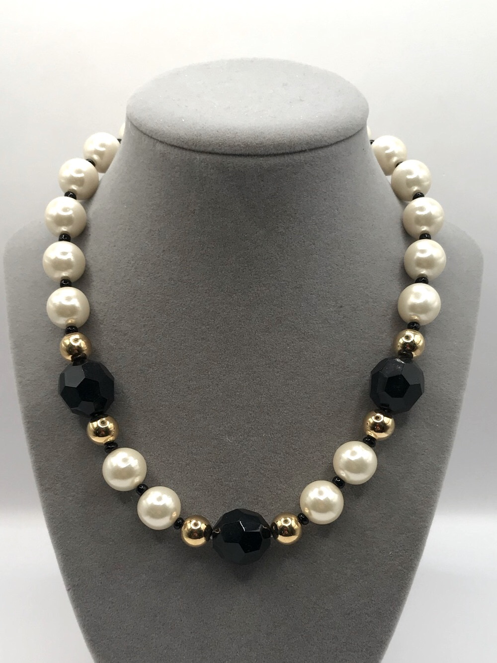 Vintage Avon Black, Faux Pearl & Gold Beaded Necklace